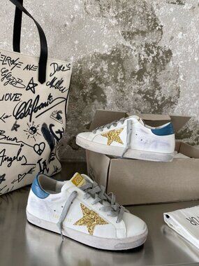 Golden Goose Blue and Gold Star Sneakers